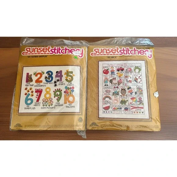 Vintage Sunset Stitchery ABC & Number Sampler Needlepoint Kits Sealed